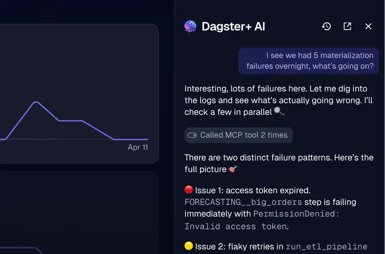 Dagster AI investigating materialization failures in the Dagster mobile interface