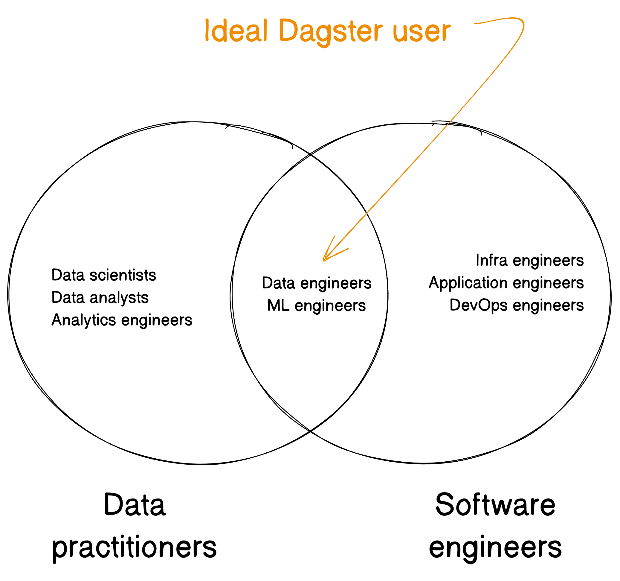 An illiustration of the Dagster ideal user at the intersection of data practitioners and software engineering.